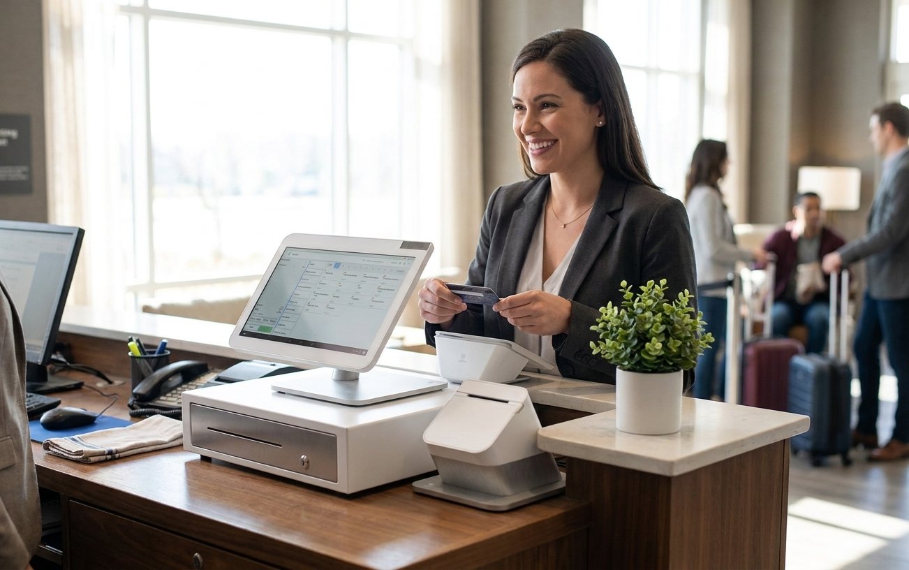 A hotel guest paying a deposit at check-in.