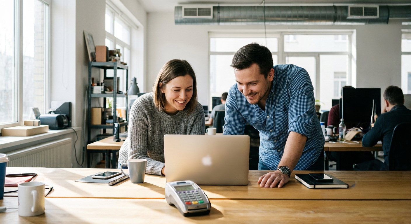 Two developers working together at a laptop.