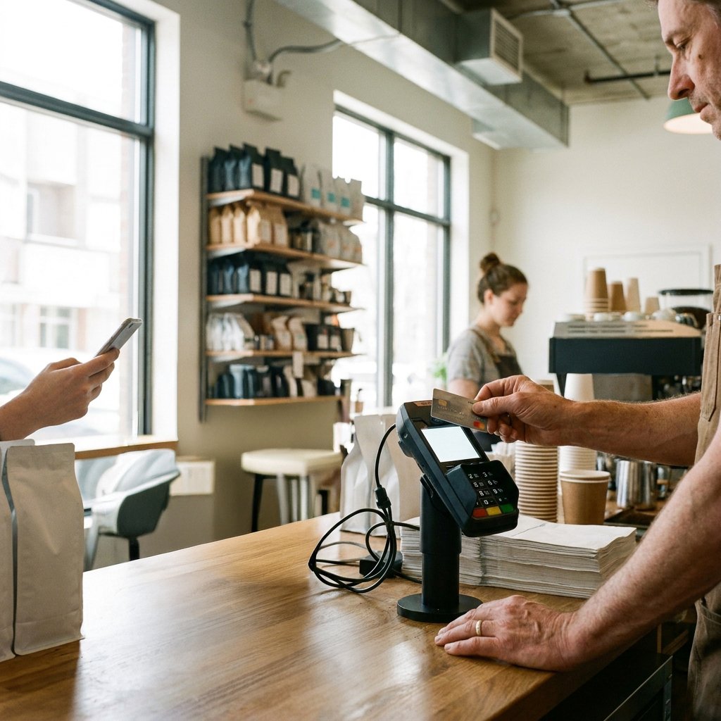 A card payment on a countertop terminal at a café counter.