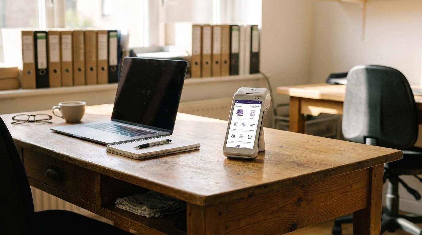 A PAX A920 Pro terminal on a back-office desk beside a laptop and a notebook.