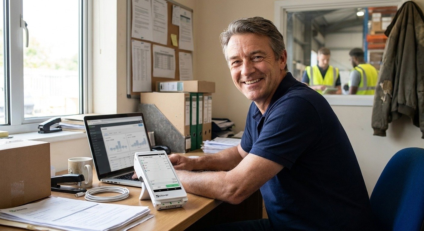 An owner at his back-office laptop.