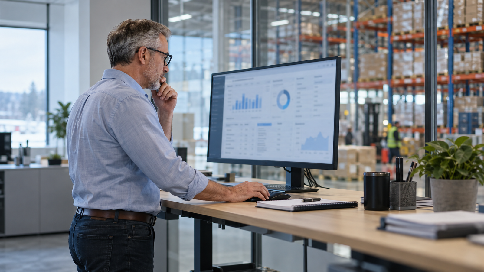 A finance controller reviewing open invoices on a monitor, a warehouse behind the glass.