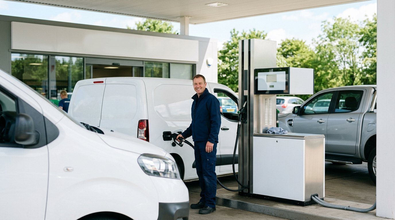 A driver refuelling a company van at a filling station, more of the fleet behind.