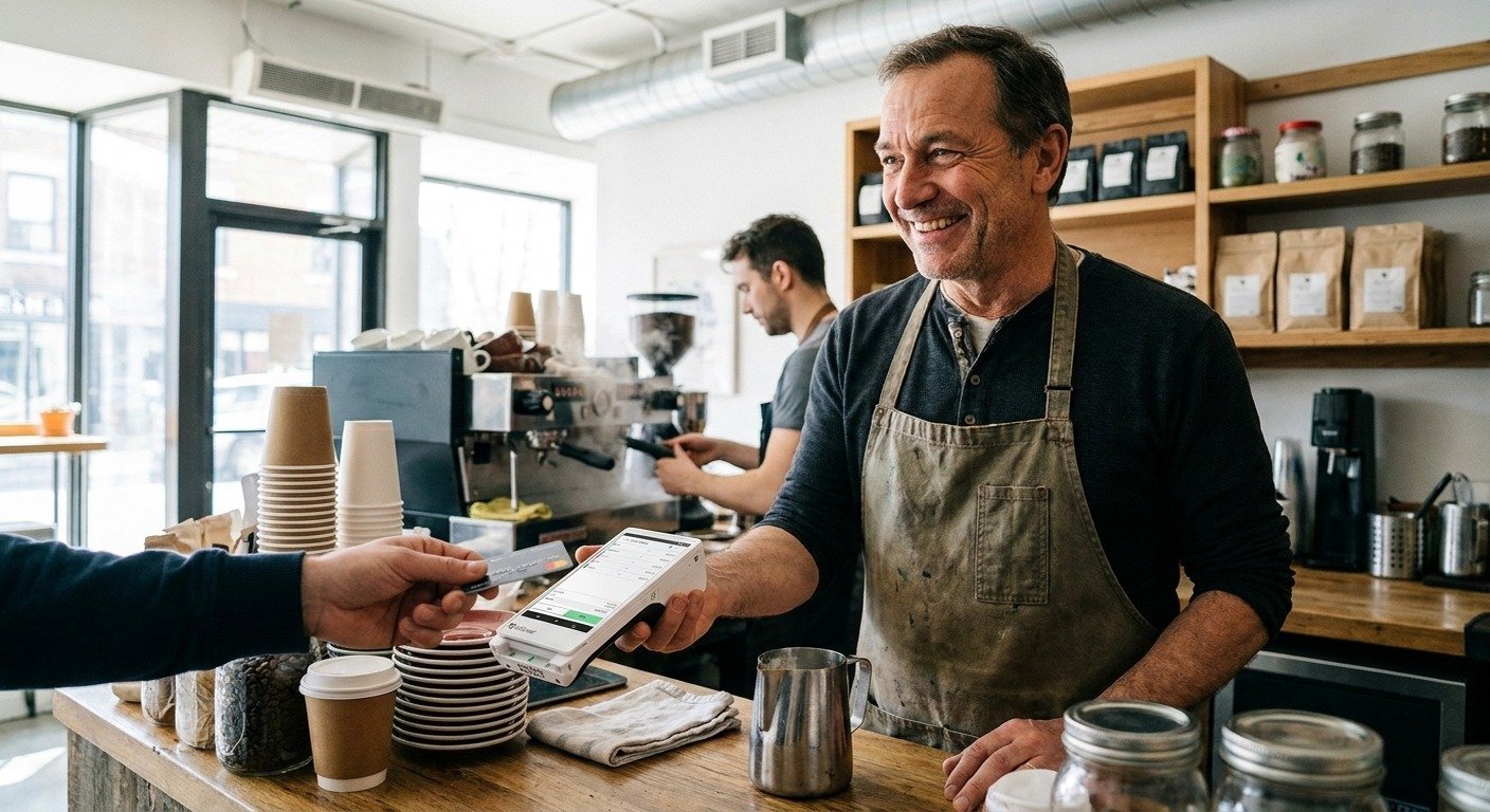 A cafe owner holding out a Clover Flex for a customer to tap a card.