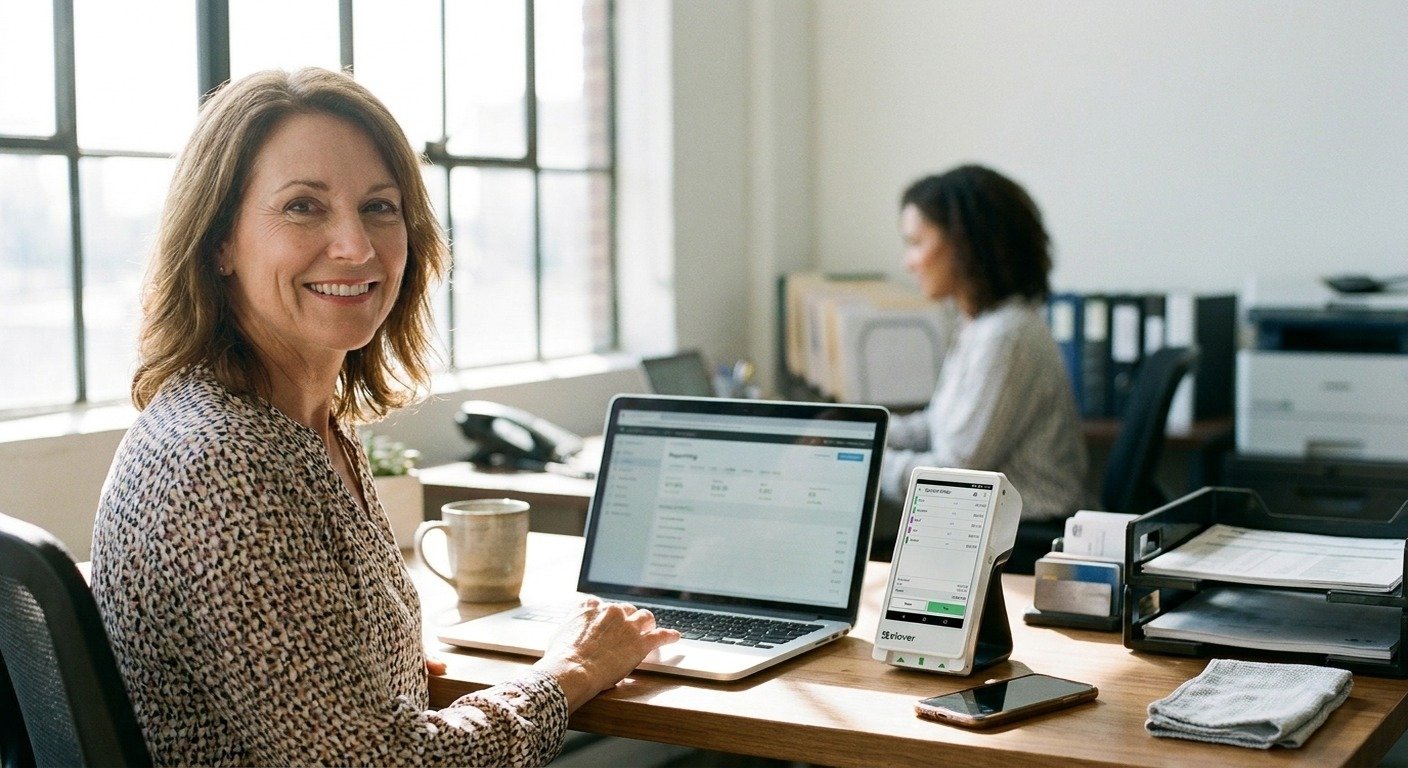 A Clover Flex standing beside a laptop on an office desk.