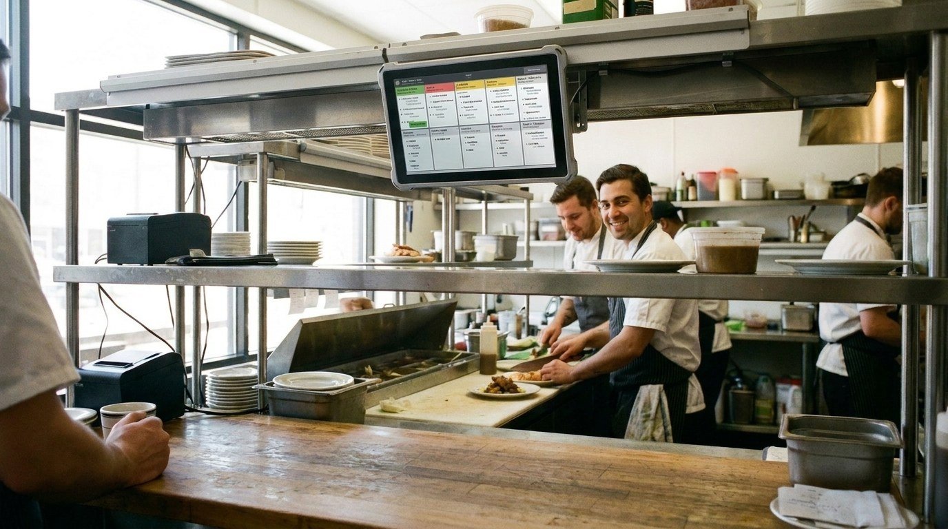 Order tickets on a kitchen rail.