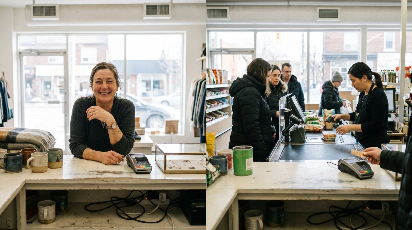 A specialty shop counter and a high-volume checkout lane compared.