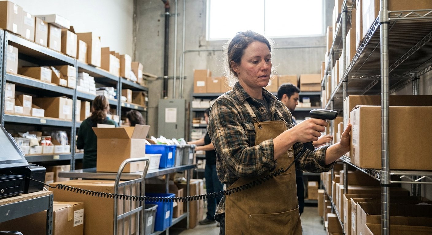 A stockroom shelf being counted against a handheld device.