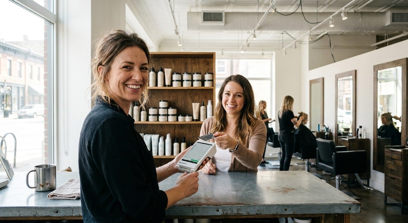 A stylist holding out a Clover Flex for a customer to tap, the salon retail shelf behind.