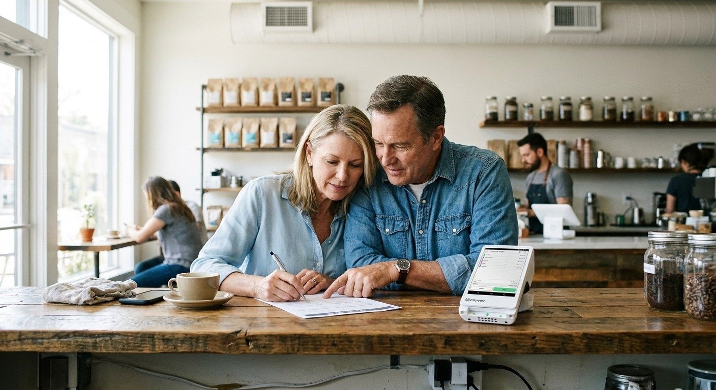 A merchant and a specialist over a statement, a Clover Flex on the counter.