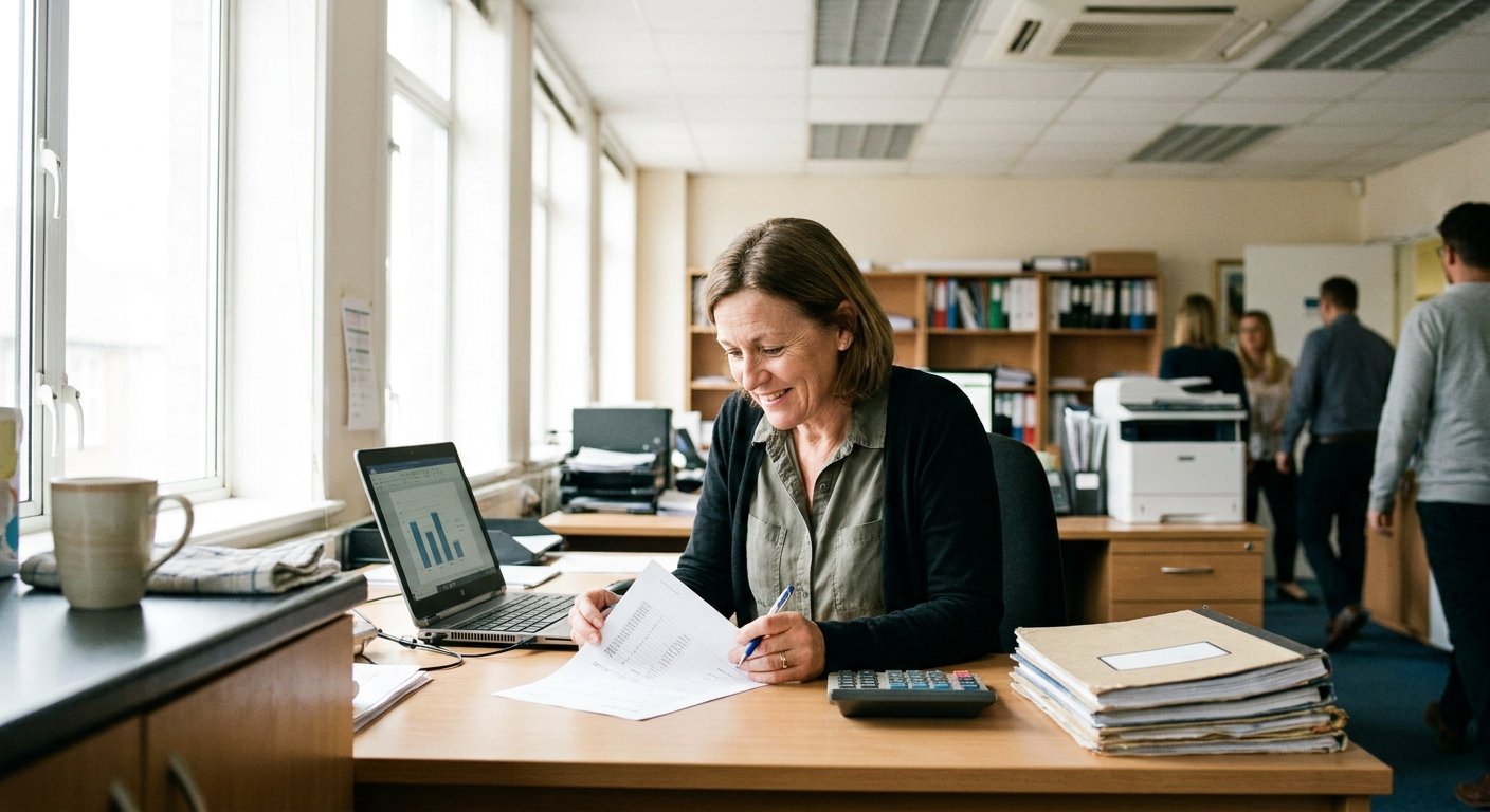 A specialist working through documents at her desk.
