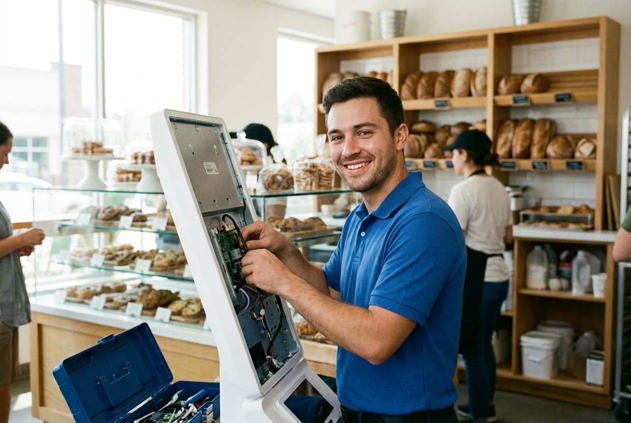 A technician setting up equipment in a bakery.